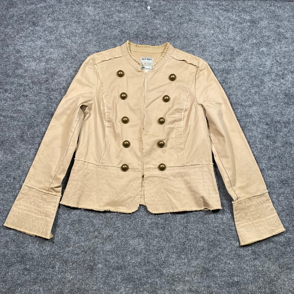 Old Navy Tan Military Jacket Brass Button Distressed Raw Edge Khaki Large